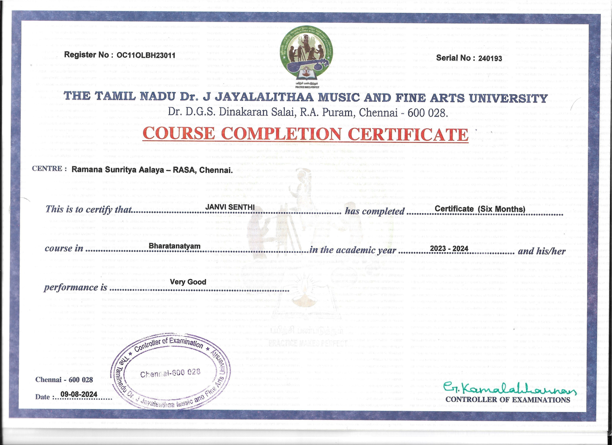 Course Completion Certificate - Bharatanatyam